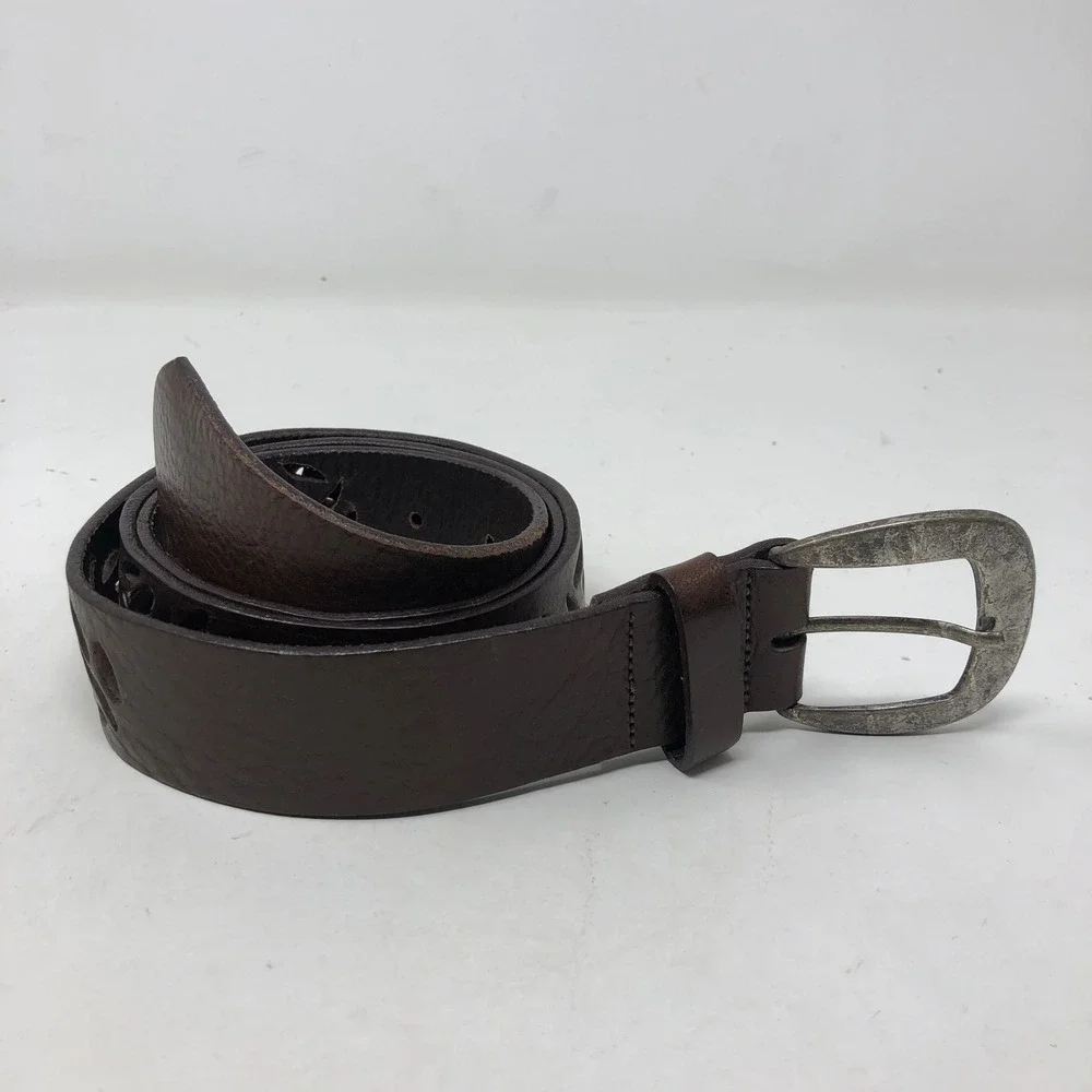 Garnet Hill Belt Womens XL Brown Leather Cutout Leaf Distressed Buckle Canada